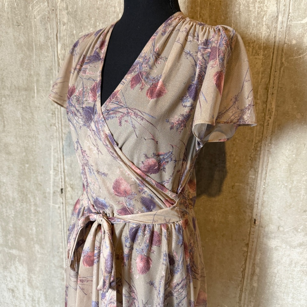 60s 70s Phase II California Vintage Floral Wrap Mauve Purple Thistle Midi Dress - Picture 2 of 7